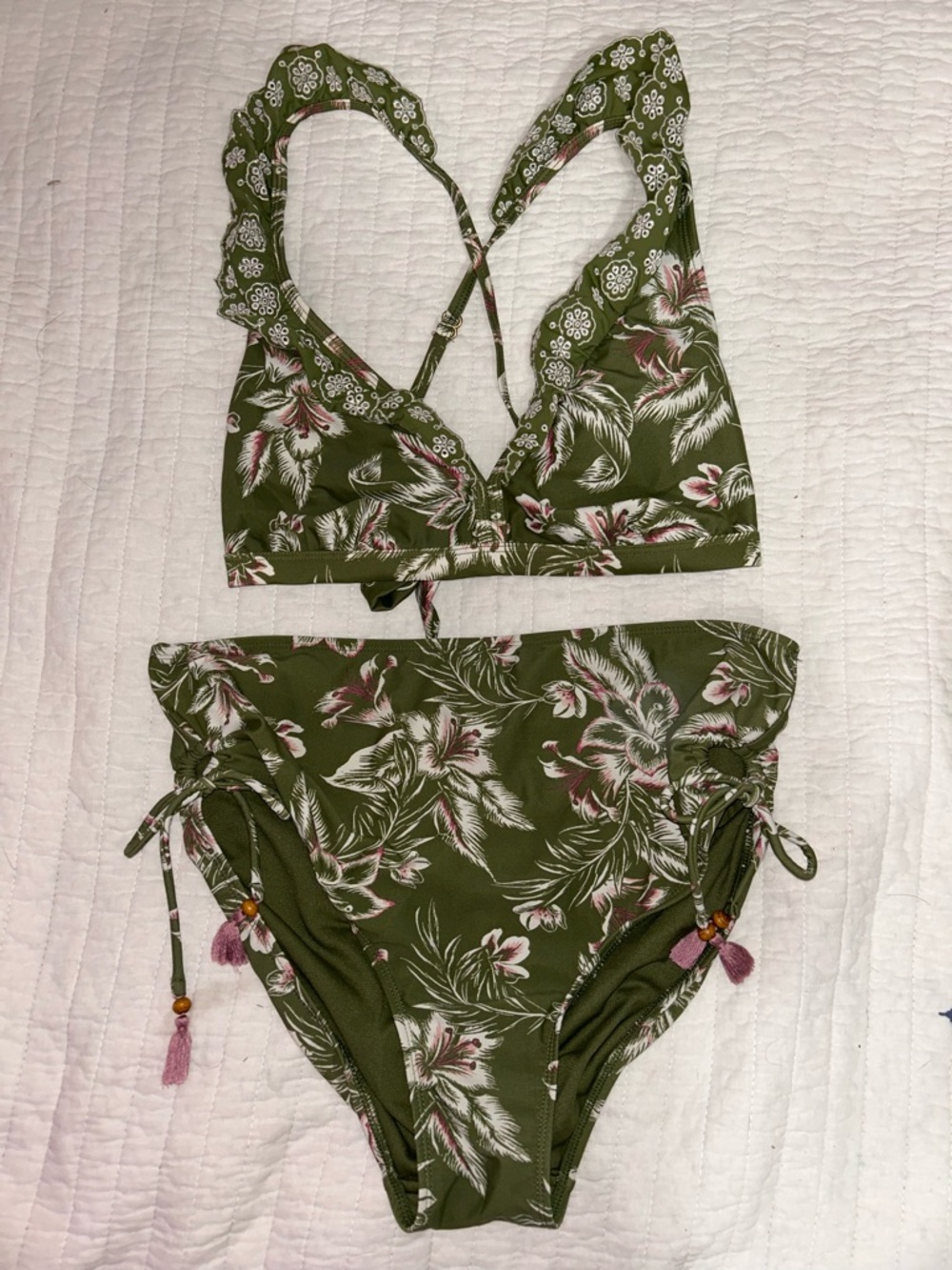 Time and Tru Olive Green Floral Ruffle High-Waist Bikini